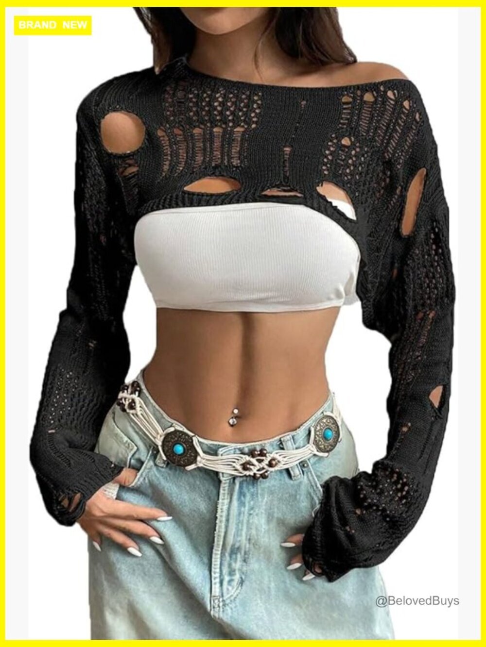 Y2K Hollow Out Ripped Crop Sweater Gothic Long Bell Sleeve Crochet Shrug Top